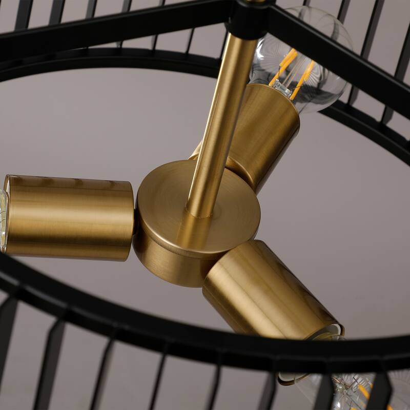 3-Light Black and Brass Drum Chandelier with Louvered Metal Shade - Black&Brass