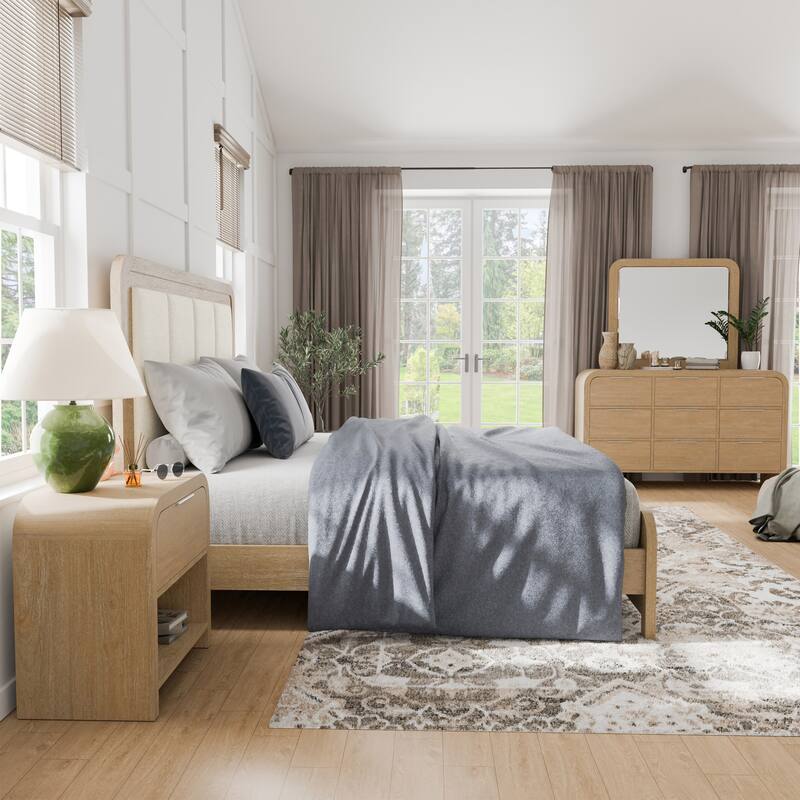 Furniture of America Elowyn 4-Piece Natural Solid Wood Panel Bedroom Set with Upholstered Headboard - Eastern King