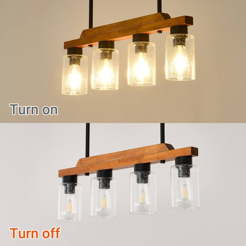 Farmhouse Chandelier for Dining Room Kitchen Island Rustic Wood Linear Pendant Light with Seed Glass Shade