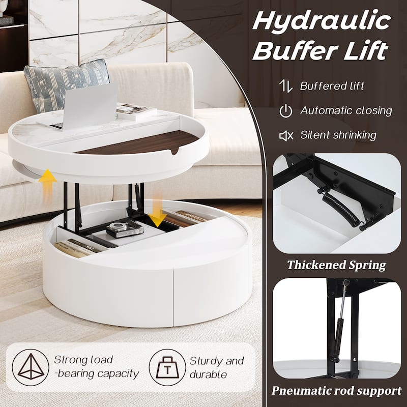 Lift-Top Round Coffee Table, Center Table with Marble & Wood Grain Tabletop, Accent Table with Hidden Storage & 1 Drawer