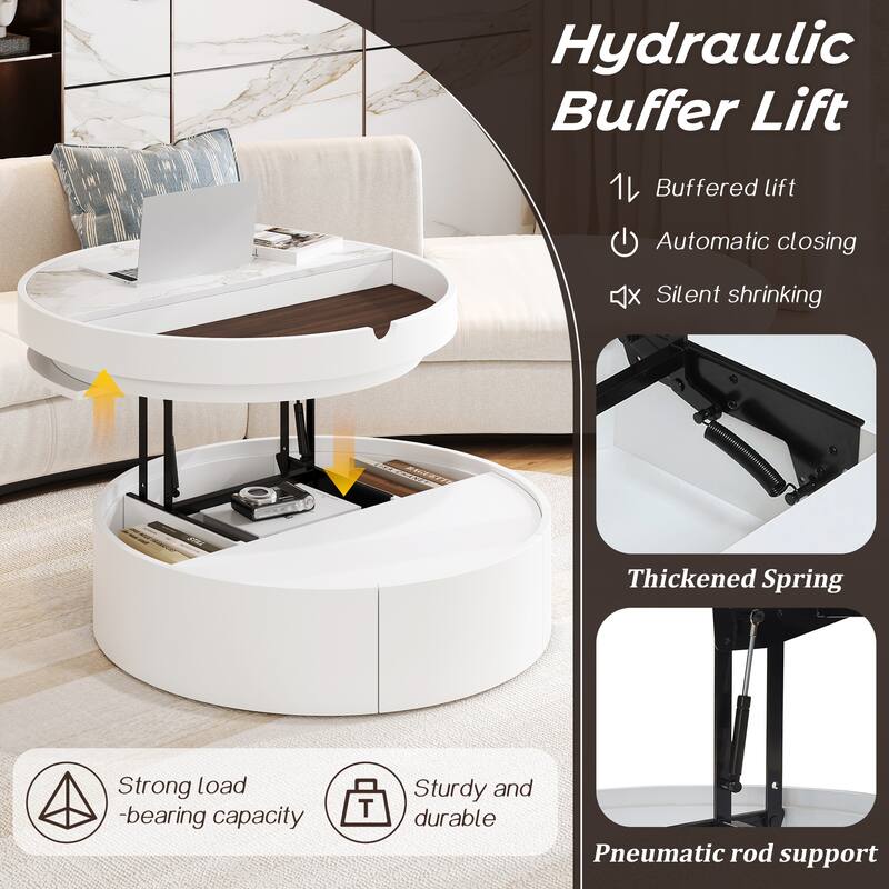 White Round Lift Coffee Table with 1 Drawer in 29.5", Marble and Wood Grain Tabletop