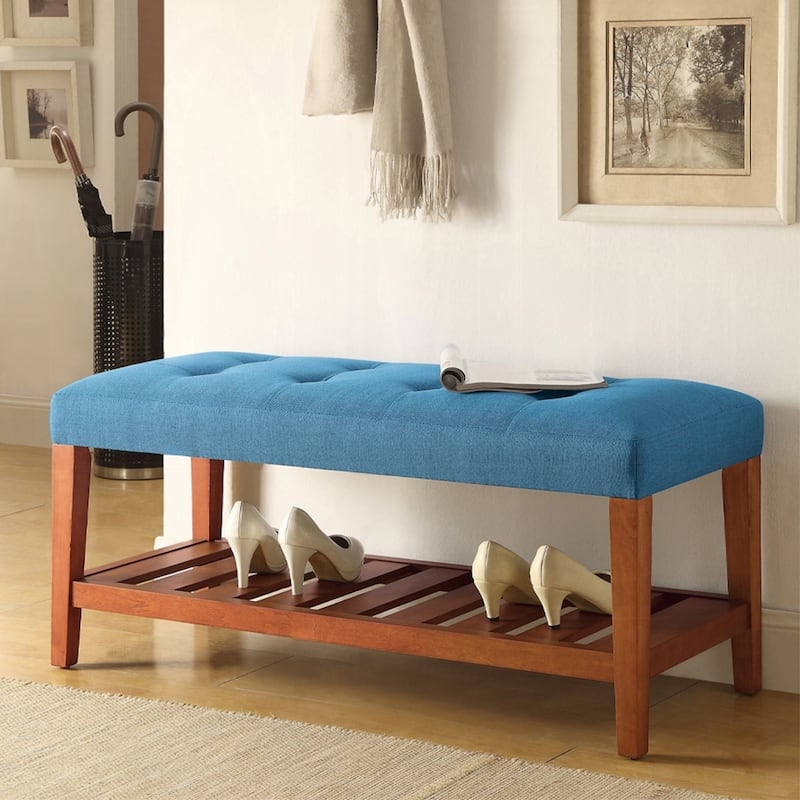 Fabric Upholstered Bench with Open Storage, Blue and Oak