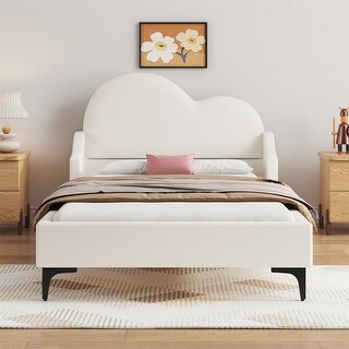 Twin Size Upholstered Platform Bed with Cloud-shaped headboard, Modern Bed Frame with Guardrail and Support Legs for Kids