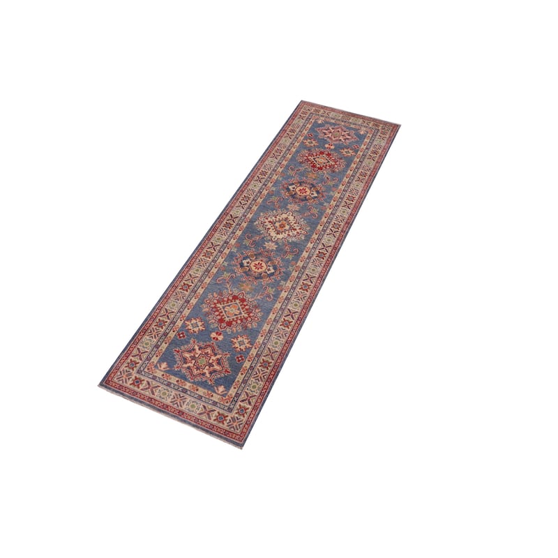 Rustic Kazak Marc Light Blue/Beige Wool Runner - 2'9'' x 9'6''