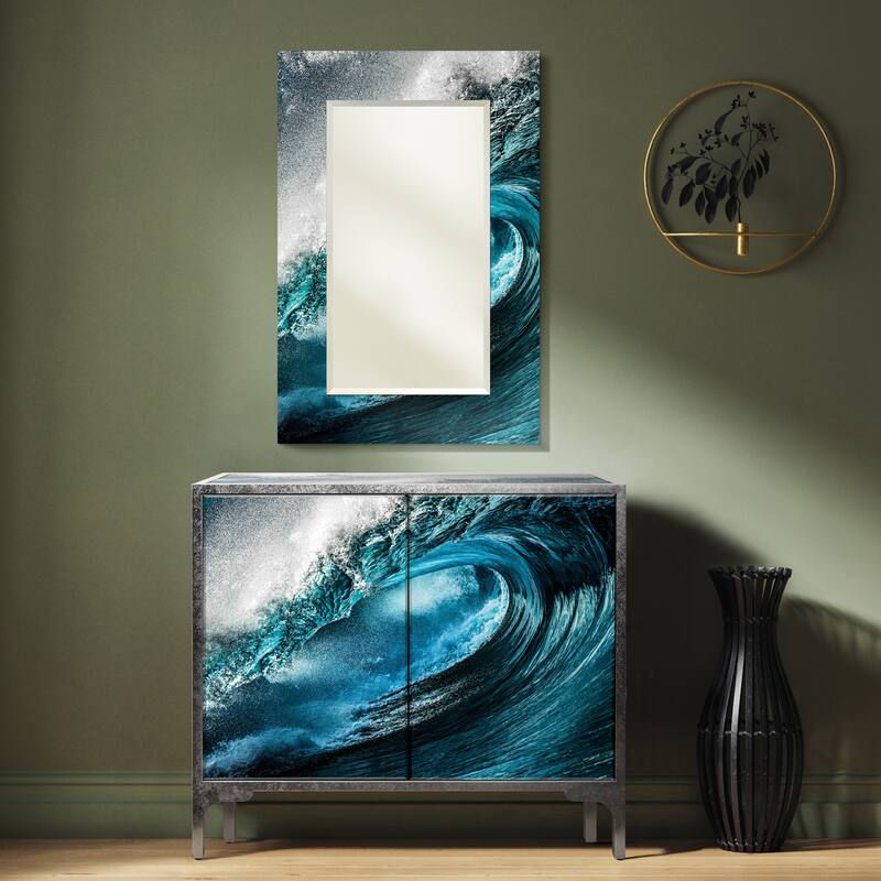 "Sapphire Sea" Reverse Printed Beveled Art Glass Cabinet Console Table and Mirror set - 42" x 37 x 17" & 48" x 32"