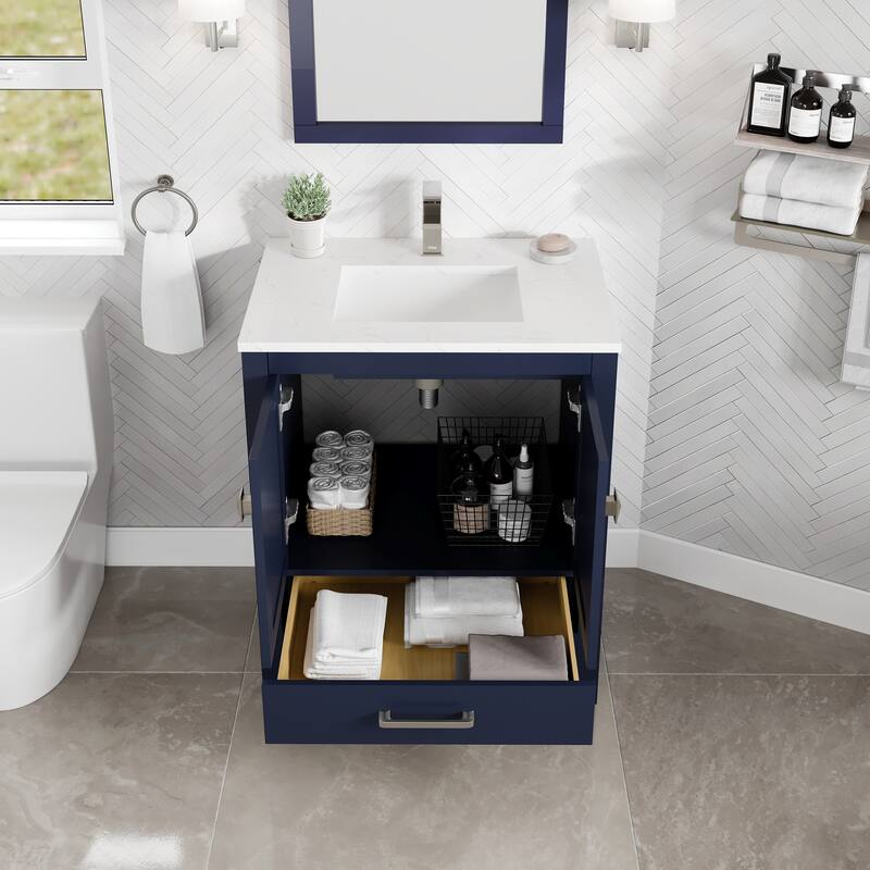 Eviva London 30"W Bath Vanity with Carrara Quartz Top & Porcelain Sink