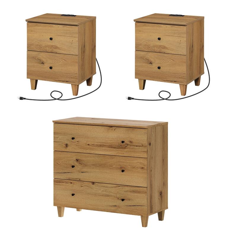 WAMPAT 3-Drawer Dresser and Nightstands Set of 3 for Bedroom - Oak Brown - 3 Piece