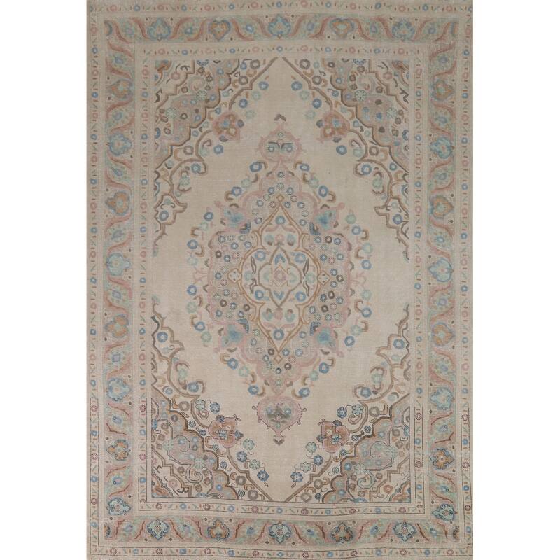 Beige / Ivory Medallion Tabriz Persian Rug Hand-Knotted Wool Carpet - 8'0"x 11'4"
