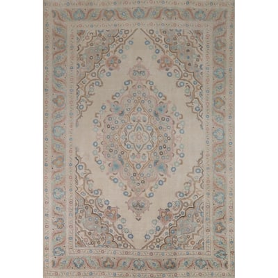 Beige / Ivory Medallion Tabriz Persian Rug Hand-Knotted Wool Carpet - 8'0"x 11'4"