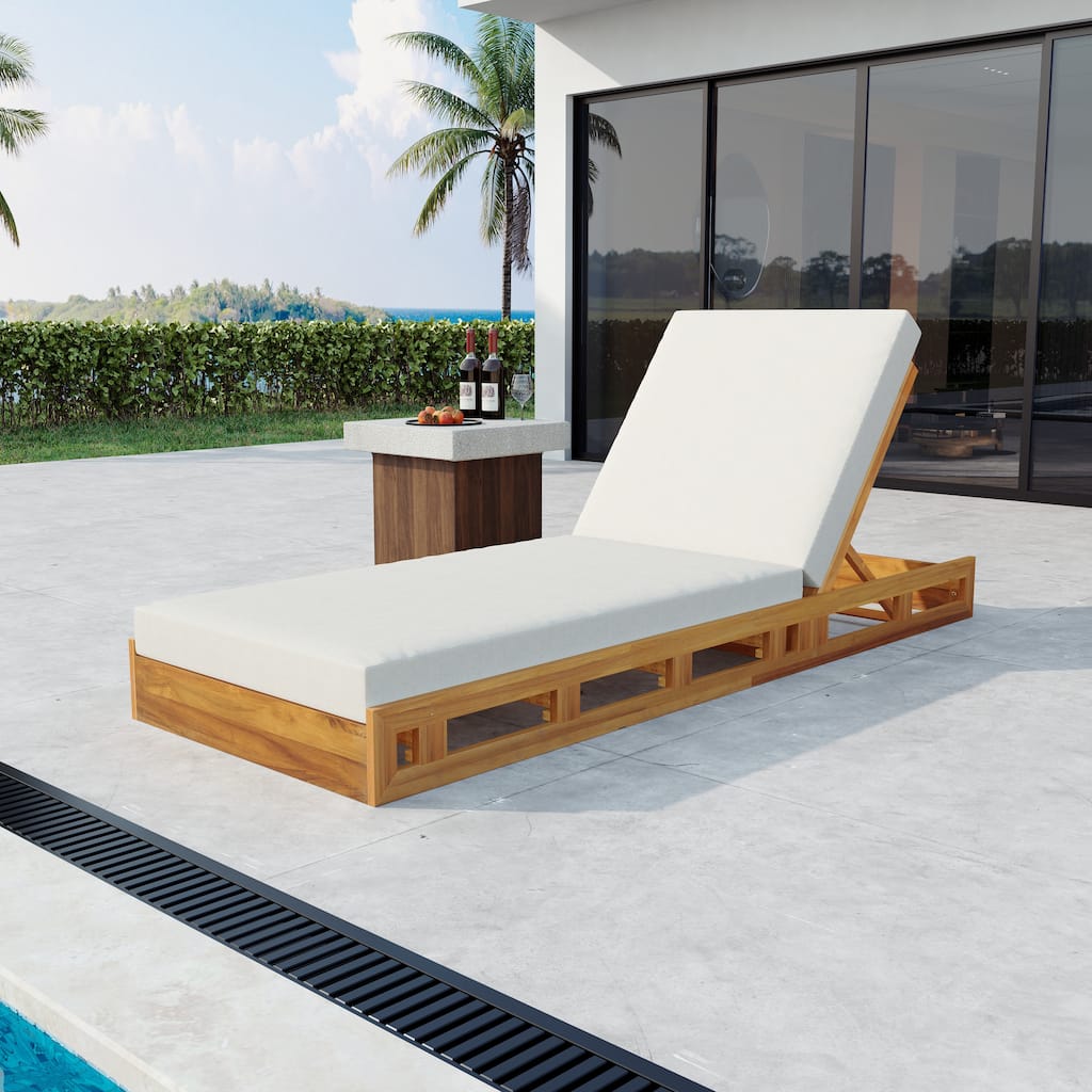 Roomfitters Outdoor Acacia Wood Chaise Lounge with 4 Inch Thick Water-Resistant Cushions Teak Finish