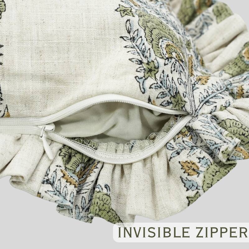 Fabdivine Viscose Linen Floral Frill Pillow Cover Both Side Print Hand Block Cushion