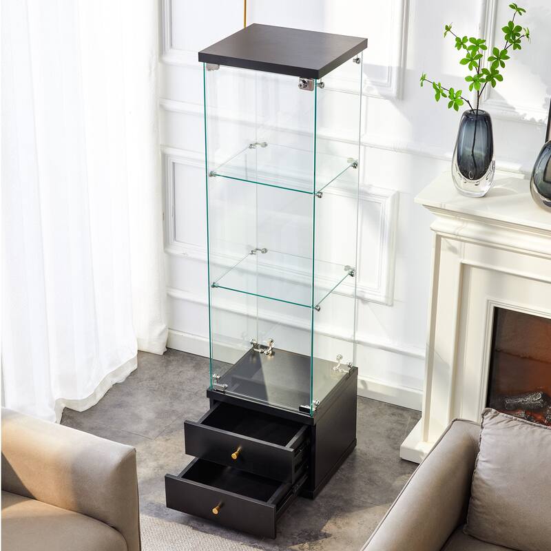Roomfitters Glass Display Cabinet with 3 Adjustable Shelves and Soft-Close Drawers, Ideal for Storage, Black
