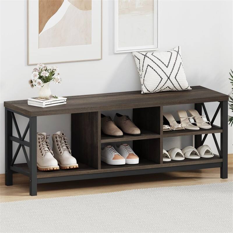 Shoe Bench Entryway with Storage - 14.17"D x 47.24"W x 18.11"H - Rustic Brown - 14.17"D x 47.24"W x 18.11"H