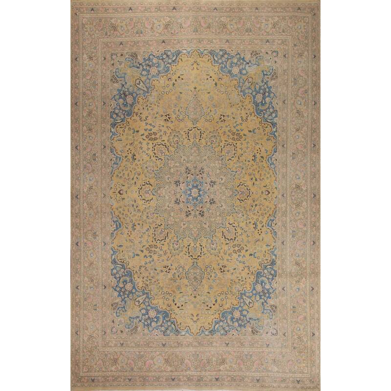 Hand Knotted Oriental 100% Wool Carpet Traditional Floral Yellow & Gold Mashad Area Rug - 12' 6'' X 9' 7''