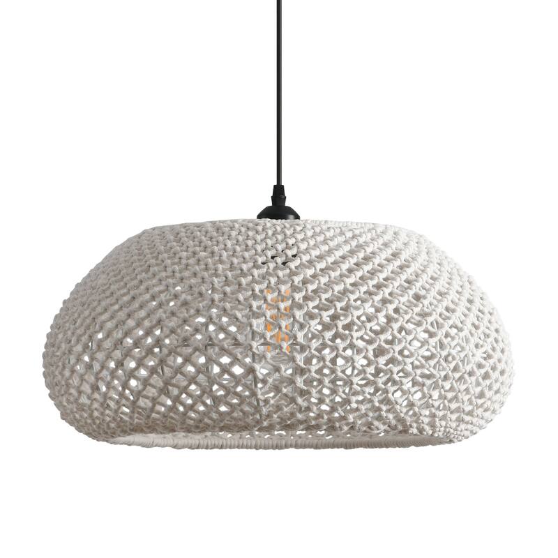 1-Light Rustic Beige Hand-Woven Cotton Hanging Basket Pendant Light - 18.8" W x 55" H