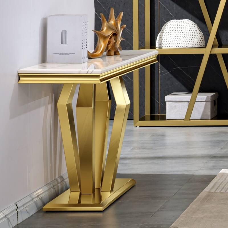 Luxury Rectangular Sofa Console Table Modern Living Room Entryway Table with Mirrored Gold Geometric Base