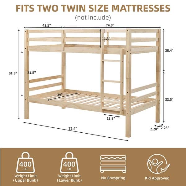 dimension image slide 0 of 4, Twin over Twin Wooden Bunk Bed,High Guardrail,Ladder,Kids Teens,Dorm