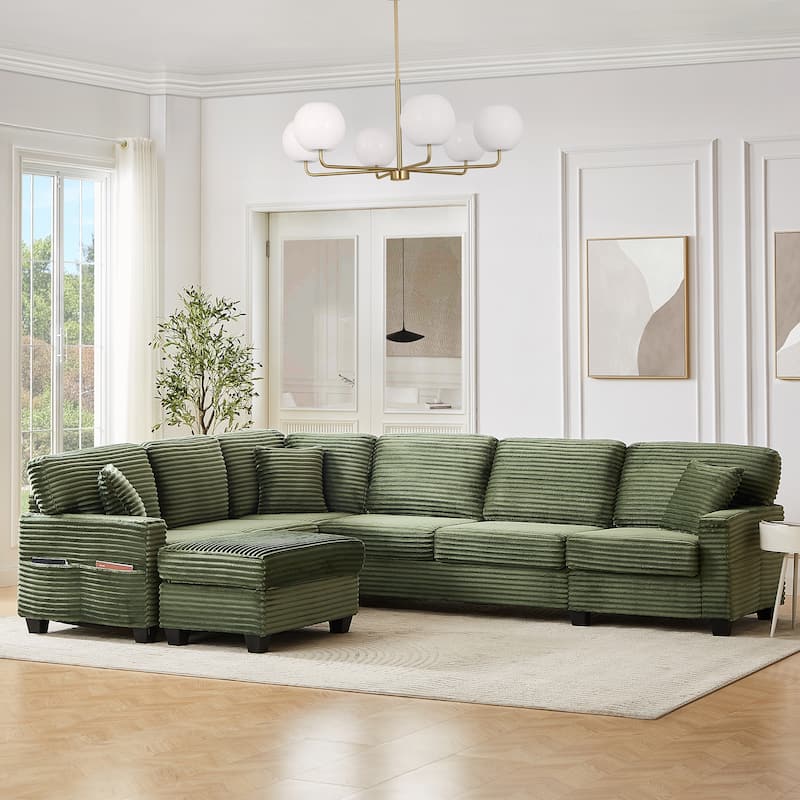 Sectional Sofa U-shaped Sectional 125.2" Upholstered L-shaped Sofa with a Movable Ottoman and Side Storage Pockets