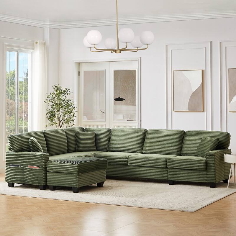 U Shaped Sectional Sofa with 1 Movable Ottoman, Corduroy Upholstered 6 Seater Sofa, Corner Sofa with Storage Pockets