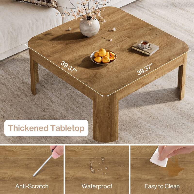 39.37" Square Coffee Table for Living Room, Farmhouse Cocktail Center Table with Wooden Curved Legs