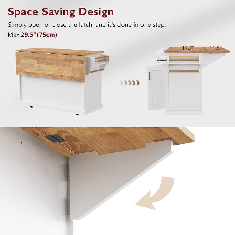54-Inch Rubber Wood Kitchen Island With Drop Leaf, 4 Wheels, 4 Doors, 3 Drawers, For Kitchen Or Dining Room Storage. - 54inch