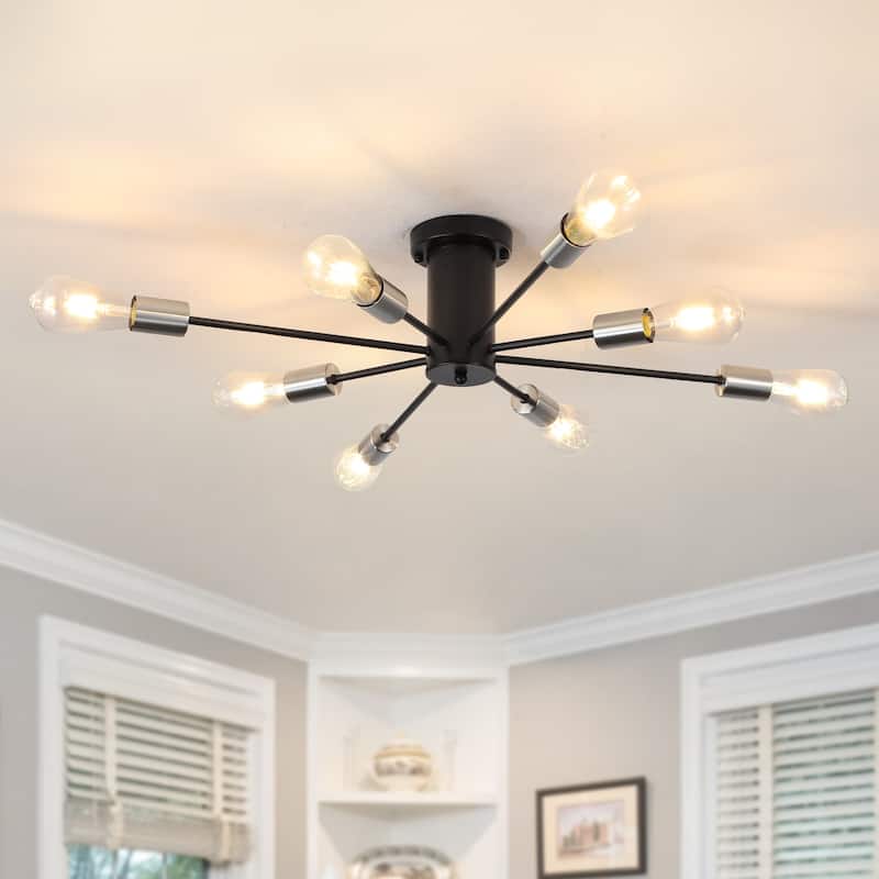 8-Light Modern Semi Flush Mount Lights for Kitchen Study Living Room - Black+Nickel