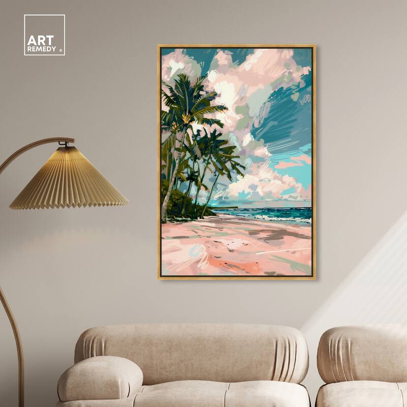 Art Remedy Palms Under The Sun Framed Colorful Coastal 1 Piece Canvas Wall Art