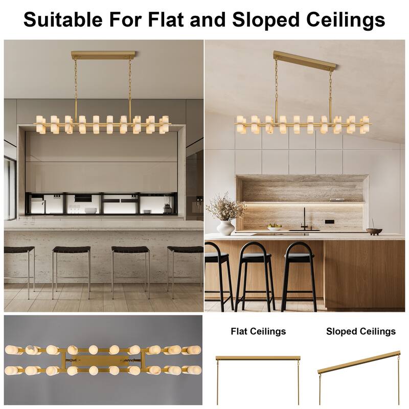 Modern Alabaster Glass Chandelier, Round or Linear Pendant Light with Up & Down Shades, D600-L1370, Copper or Black Finish