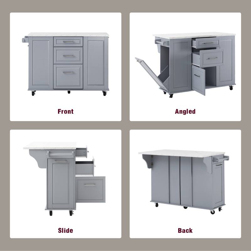 50.7" Rolling Kitchen Island with Tilt Trash Cabinet, Drop Leaf, Pull-Out Organizer, 2 Drawers and 1 Door