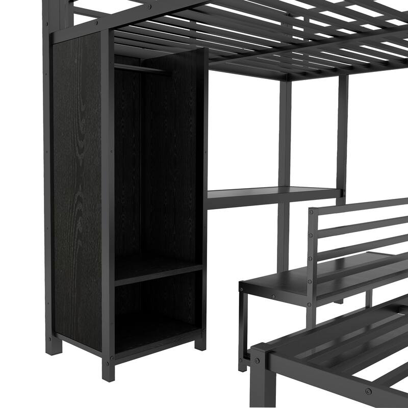 Roomfitters Queen over Queen Metal Bunk Bed with Built-in Wardrobe, Desk & Storage Chairs, Space-Saving Frame, Black