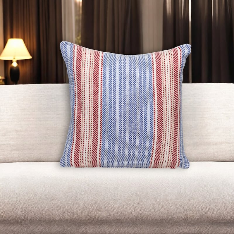 HomeRoots 16" Blue and Red Striped Cotton Throw Pillow - Accent - Polyester