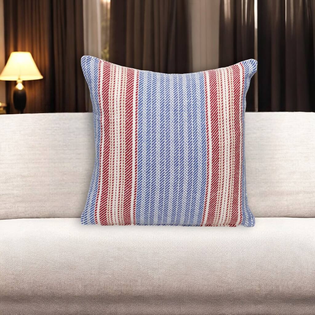 HomeRoots 16" Blue and Red Striped Cotton Throw Pillow
