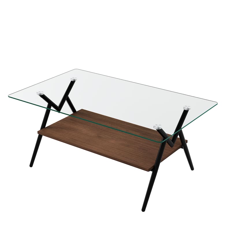 Rectangle Coffee Table with Tempered Glass Top and Shelf