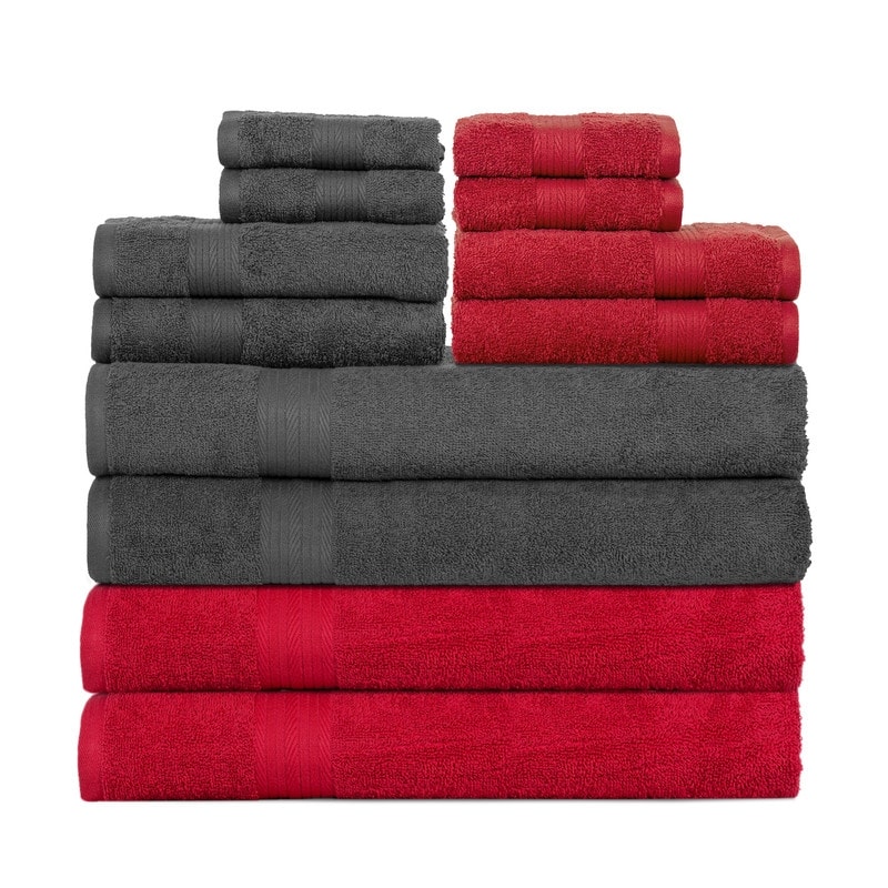 Cotton 600GSM Bathroom Towel Set 12 Pcs Assorted Color by Ample Decor - 4Bath 4Hand 4Wash - Gray -Red
