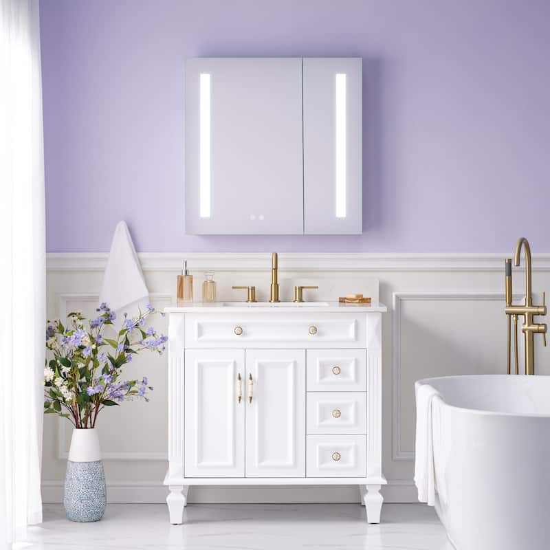 Recessed or Surface 30" H LED Mirror Cabinet with Adjustable Glass Shelves,Defogger, Dimmer And Outlets & USB Ports - 30"W X30"H,Both Side Open