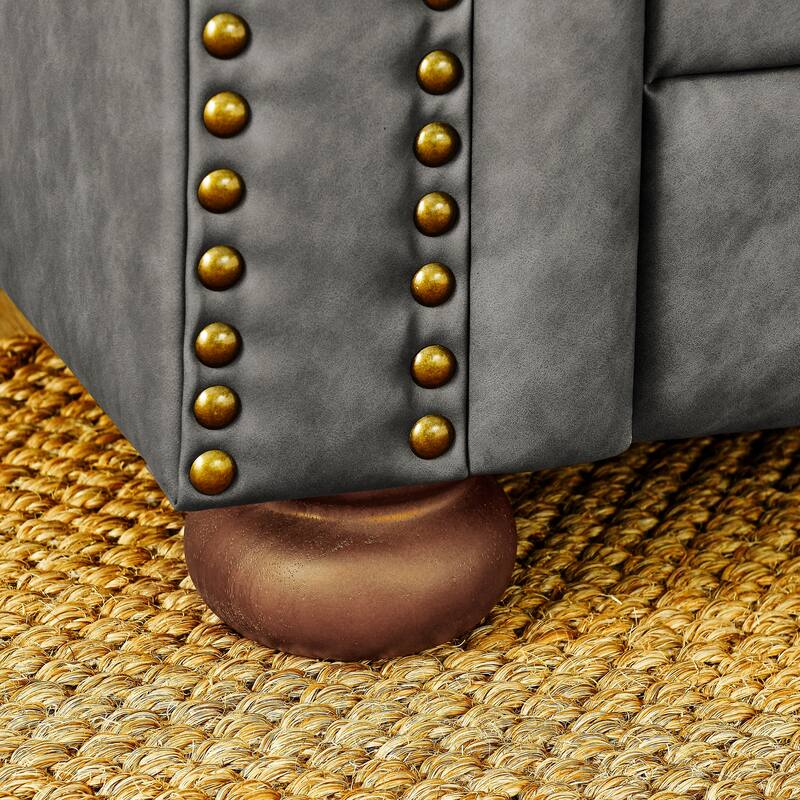 Tufted Upholstered PU 3-Seater Sofa with Scrolled Arms and Nailhead Decoration, Dark Gray (88.5''x37''x28'')