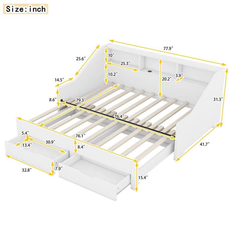 Twin to King Size Daybed Frame with Storage Bookcases and Two Drawers,Charging Design