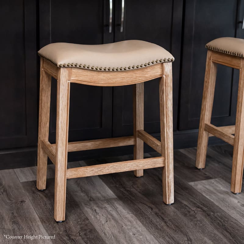 Maven Lane 31" Adrien Saddle Kitchen Bar Height Stool - N/A - Weathered Oak Vegan Leather