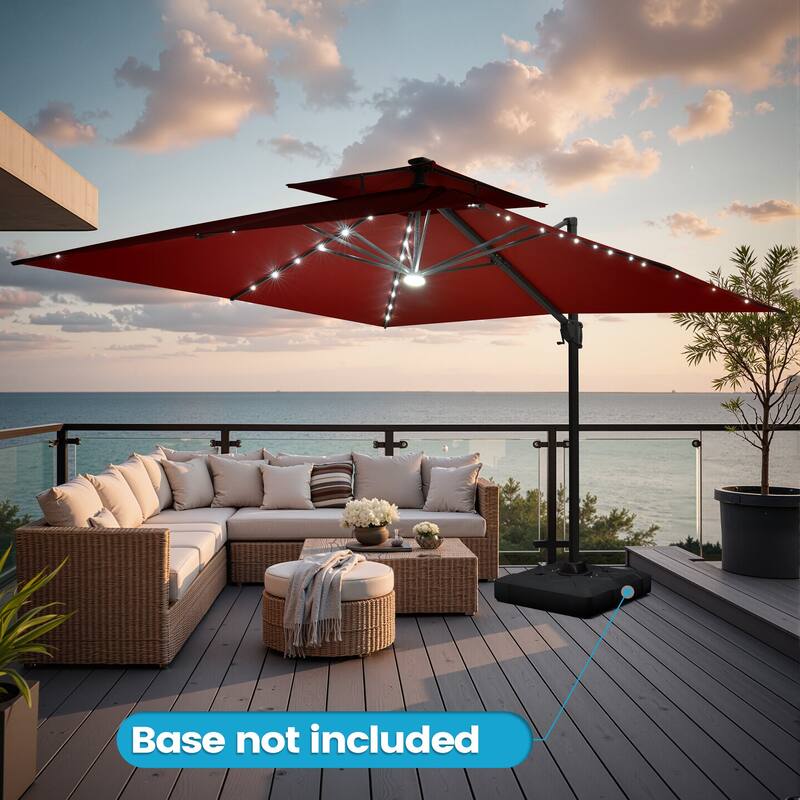 11 FT Square Outdoor Premium Double Top Solar Powered LED Patio Cantilever Umbrella - Red