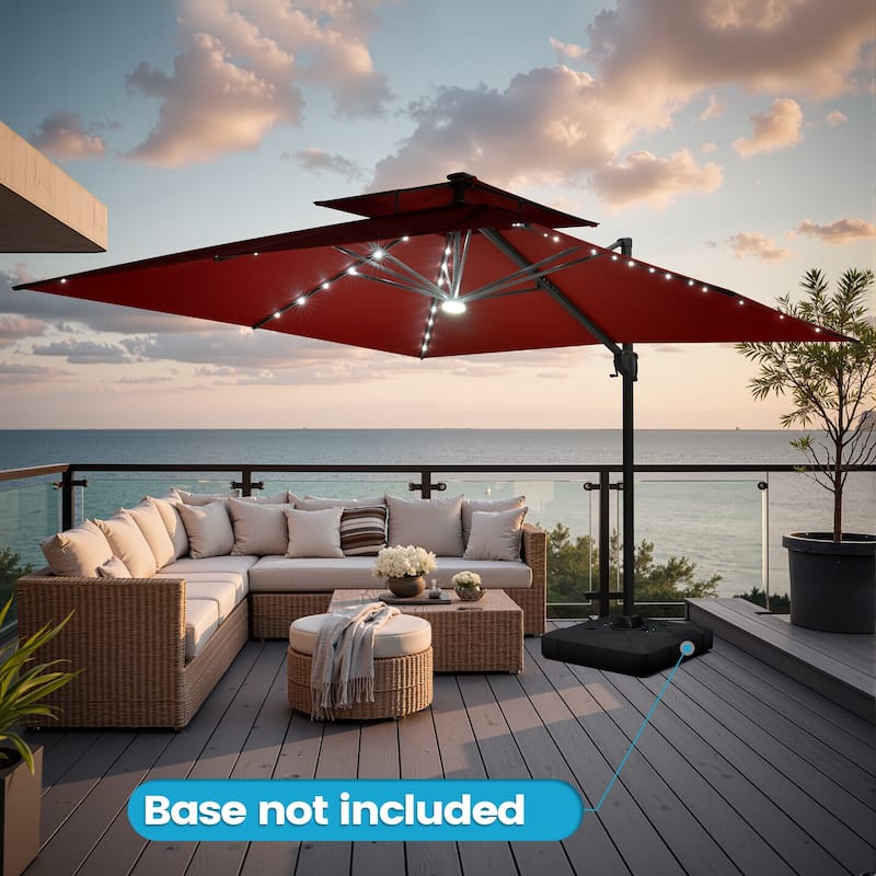 11 FT Outdoor Solar Powered LED Patio Cantilever Umbrella Double Top Square Umbrella