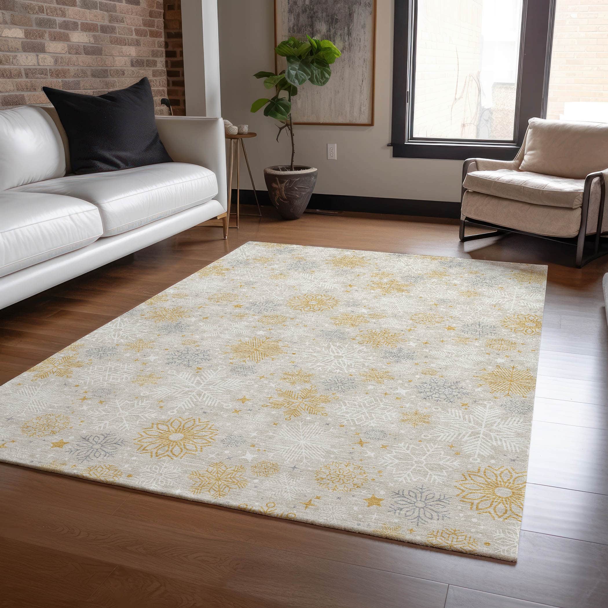 Machine Washable Indoor/ Outdoor Holiday Snowflake Chantille Rug
