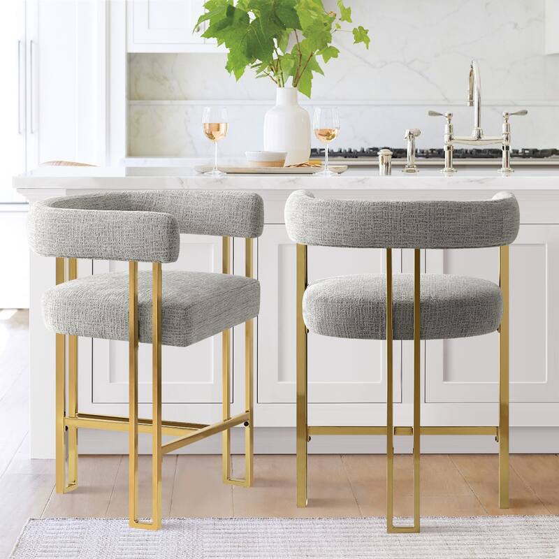 25" Seat Height Upholstered Chenille Gold Matel Counter Stool - Grey-2-piece - Set of 2