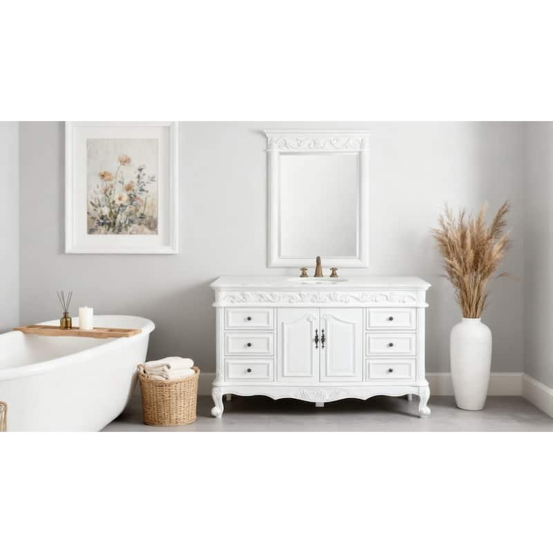 Benton Collection 56 Inch Antique White Traditional Style Single Sink Beckham Bathroom Vanity