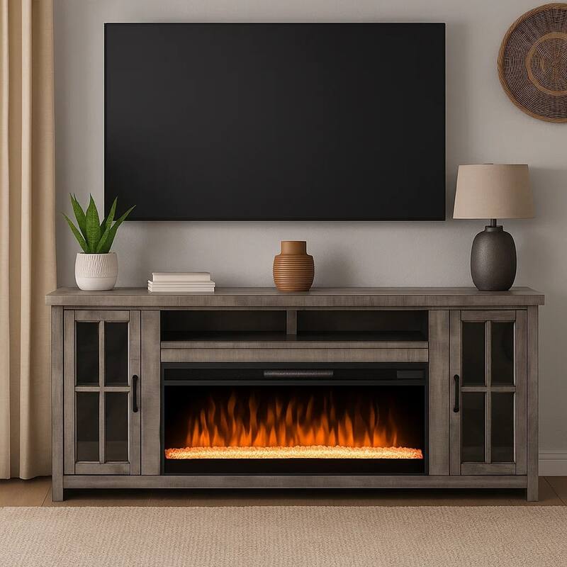 Gery TV Media Console w Crystal Fireplace Insert Option, 76 Inch, 2 Cabinets, Gray