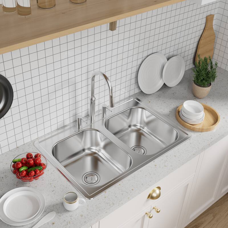 33''x22'' Drop In Kitchen Sink with Basket Strainer, 33 inch Top Mounted Double Bowl Kitchen Sink with Three Holes