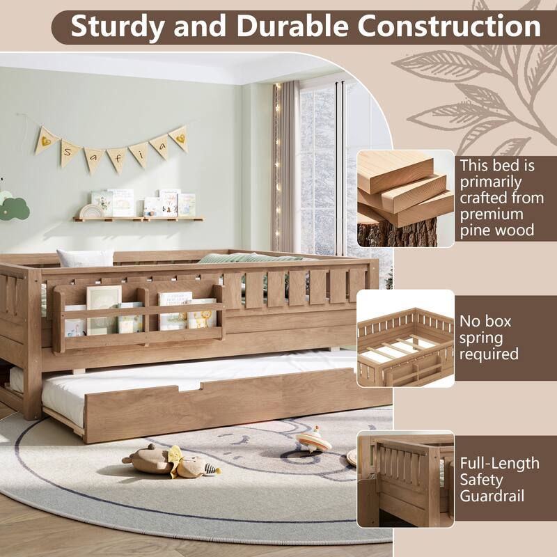 Full/Twin Size Wood Bed with Built-in Bookshelves and Storage Staircase, Safety Rails and Trundle Bed