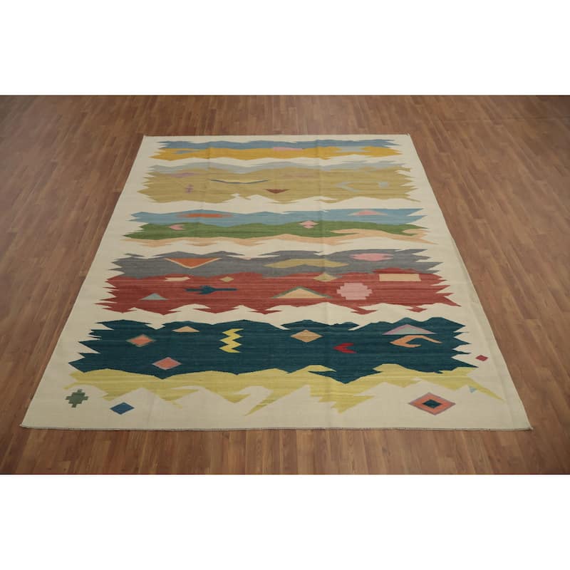 Hand Woven Oriental 100% Wool Carpet Southwestern Modern Multi-Colored Kilim Area Rug - 10' 1'' X 8' 4''