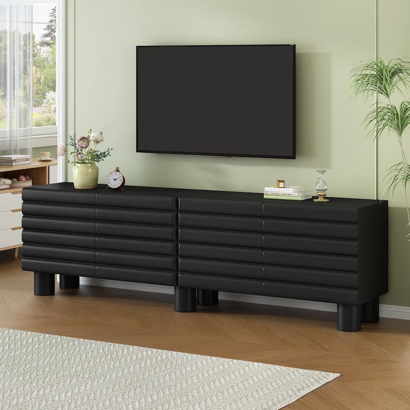 75 inch TV Stand Media Console with 4 Cabinets, Cream Wavy Door Cabinet with Cylindrical Legs & Cable Management