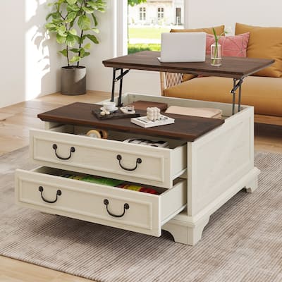 Moasis Farmhouse Lift Top Coffee Table Square Wood Center Table with Storage and 2 Drawers