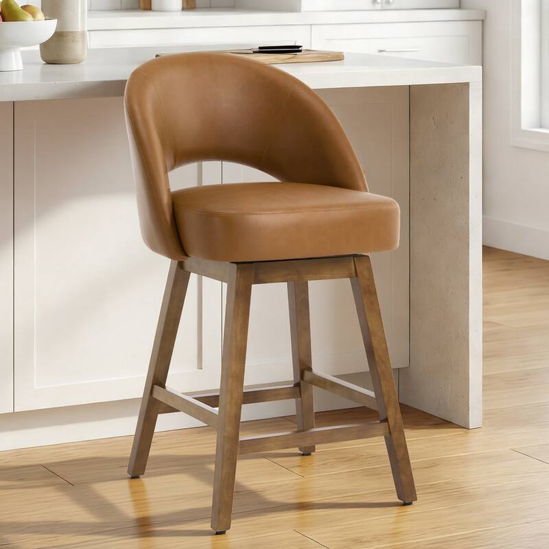 Upholstered Swivel Counter Height Bar Stools with Cutout Back and Solid Wood Frame - 38.2"H x 22.1"W x 23.6"D
